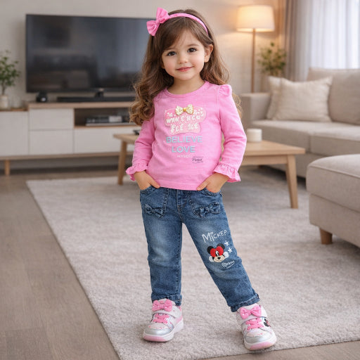 Casual Pink Shirt & Denim Pants Set