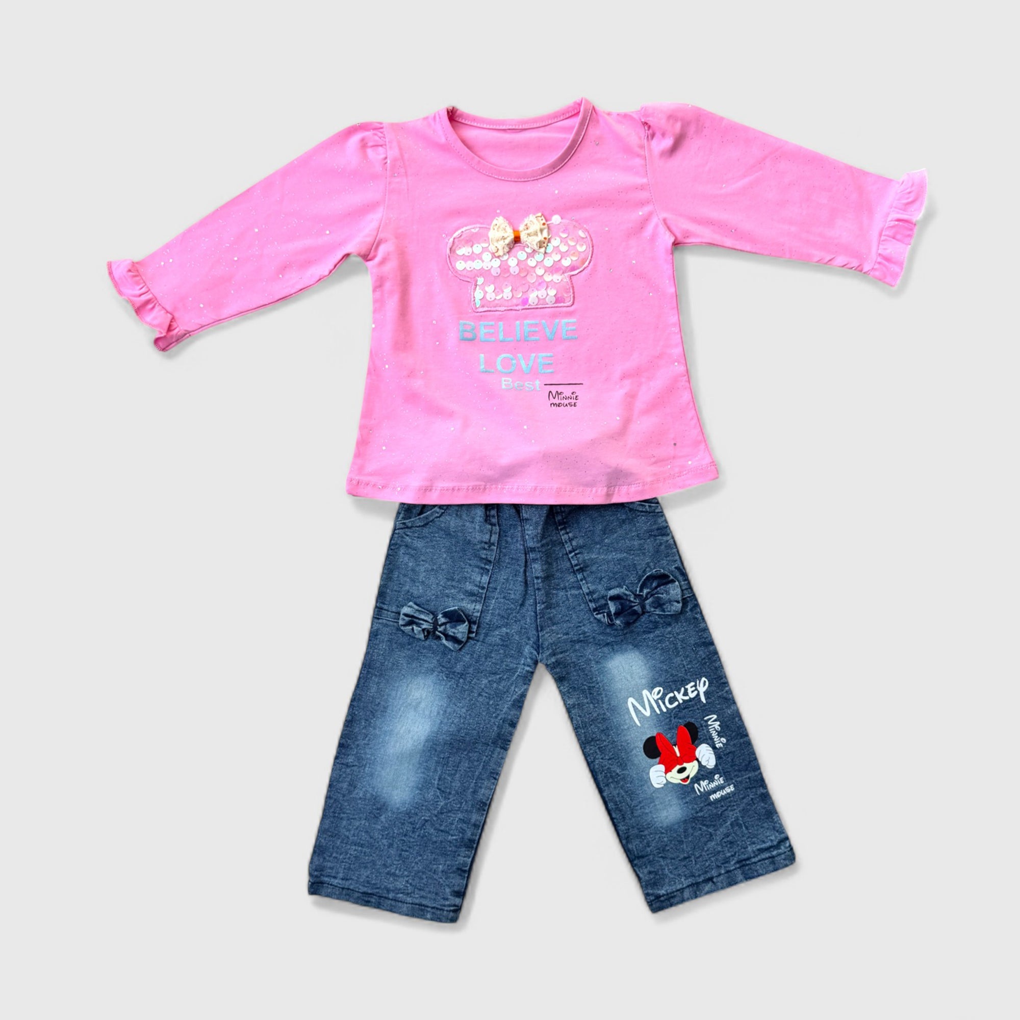 Casual Pink Shirt & Denim Pants Set