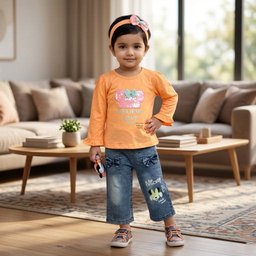 Casual Pink Shirt & Denim Pants Set