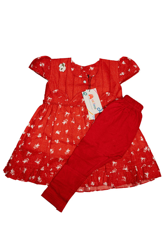 Casual Cotton Frock and legging/ Red Floral print